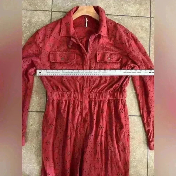 Free People Set The Tone Eyelet Jumpsuit in Rust Combo Size 2 - Picture 4 of 8